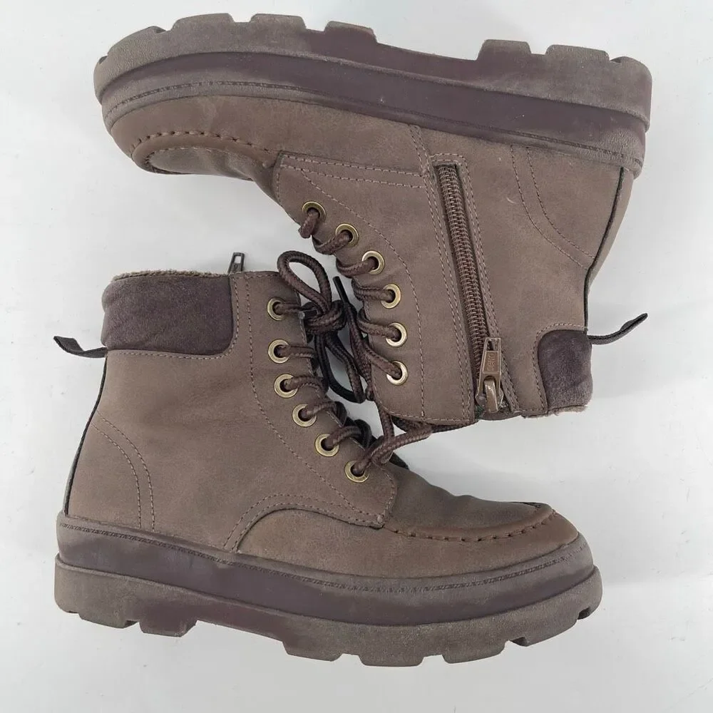 H&M Boys Size 1 Brown Faux Suede Moc Toe Lace Up Zip Chunky Sole Utility Boots